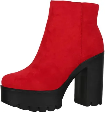 Productafbeelding van Dames enkellaarzen met blokhak, plateauzool en rits in rood, suède look