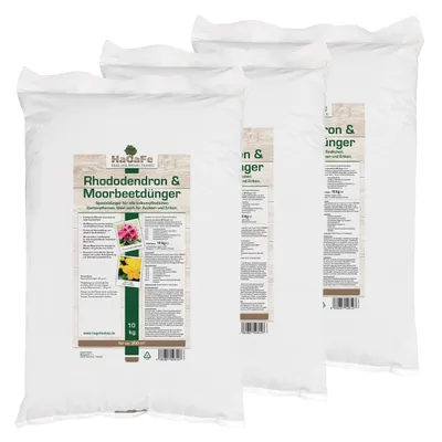 Produktbild von HaGaFe Rhododendrondünger, Moorbeetdünger, 3 x 10kg, Spezialdünger für alle Moorbeetpflanzen, Ideal auch für Azaleen, Heide und Eriken