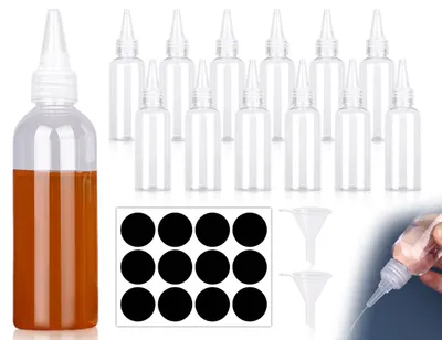 12 zusammenpressbare Flaschen 60 ml mit Trichtern und Etiketten