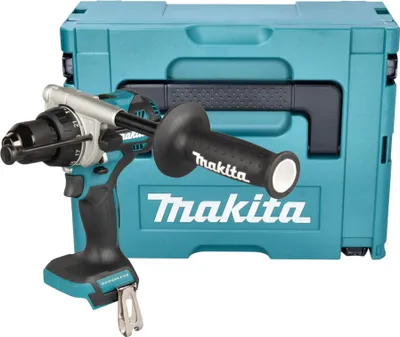 A teal Makita branded tool case with a Makita cordless hammer drill in front of it.