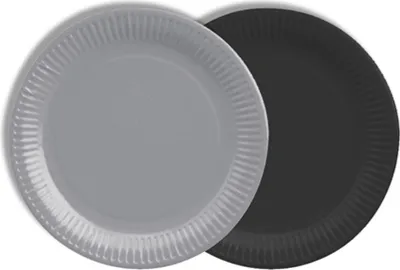 Produktbild von PAPSTAR Papp-Teller rund Ø 18 cm, farbig sortiert grau/schwarz | Schrumpffolie (12 Stück)