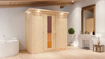 Produktbild von Karibu Sauna Innensauna Variado Fronteinstieg Ofen 9 KW externe Strg easy 210x132x202 cm mit Dachkranz mit Energiespartür