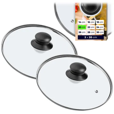 Two glass pot lids with black handles are shown, with a marketing graphic in the upper right corner displaying size options.