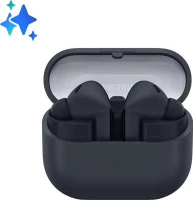A pair of black Samsung Galaxy wireless earbuds in their open charging case, set against a white background.