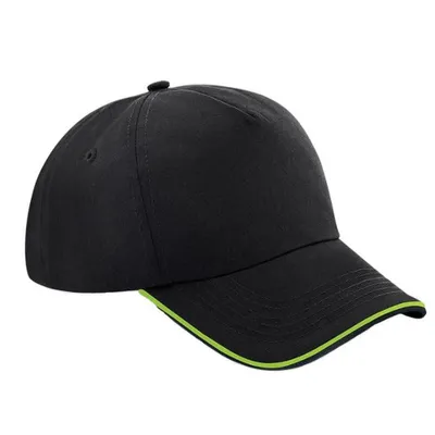 Produktbild von Beechfield B25c | Authentic 5 Panel Cap - Piped Peak, 100 % Baumwoll-Twill - Farbe: Black/Lime Green - Größe: One Size