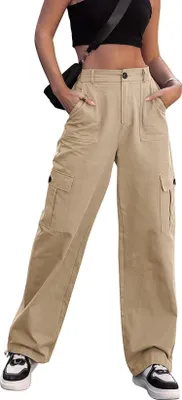 Obrázek produktu pro ASKSA Dámské kalhoty Y2K Cargo s vysokým pasem, strečové turistické kalhoty, sportovní tepláky s kapsami, khaki, L