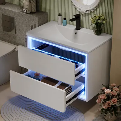 Productafbeelding van Badkamerkast, wandmontage, 76 cm, wit, met wastafel met keramisch wasbakje, LED-verlichting met radarsensor, 2 stille lades, geverfd en geschikt voor vochtige ruimtes