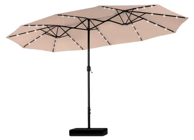 Image de Grand parasol rectangulaire avec pied, 450 x 270 cm, pour le jardin et la terrasse, avec éclairage LED, manivelle, protection UV, résistant au vent, beige