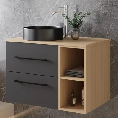 Produktbild von 80cm Badmöbel Set Schwarz Keramik Aufsatz-Waschbecken mit Unterschrank Eiche/Dunkelgrau hängend Badezimmerschrank mit soft-close