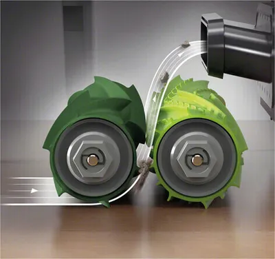 Close-up illustration of two rotating brush heads of a vacuum cleaner picking up dirt.