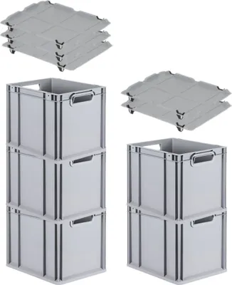 Produktbild von SparSet 5x Eurobox NextGen Economy mit Auflagedeckel und 4x Schiebeschnappverschlüsse Schwarz | Griffe offen | HxBxT 32x30x40cm | 30 Liter | Eurobehälter, Transportbox, Transportbehälter, Stapelbehälter