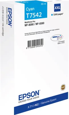Produktbild von Epson T7542 - 69 ml - Größe XXL - Cyan - original - Tintenpatrone - für WorkForce Pro WF-8090, WF-8090 D3TWC, WF-8090DW, WF-8590, WF-8590 D3TWFC, WF-8590DWF