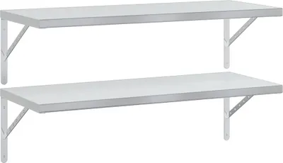 Two silver stainless steel wall shelves are mounted on a white background.