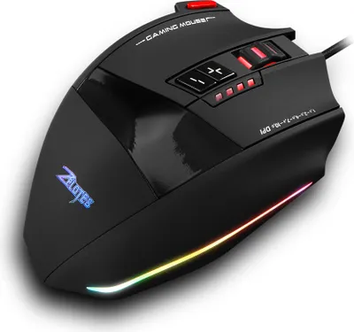 A close-up, studio shot of a black gaming mouse on a white background.