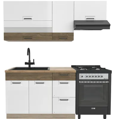 Produktbild von Küchenzeile 180 cm - FAVORIT E - Arbeitsplatte Lancelot Eiche - Weiß Hochglanz - Sonoma Eiche - Singleküche ohne Geräte - Metallbox Schubladen