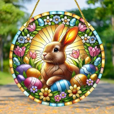 Produktbild von GKA Sonnenfänger brauner Osterhase mit Ostereier bunt 15 cm Fensterdeko Ostern Hase Eier Osterdekoration