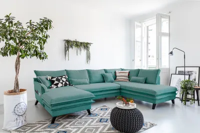 Produktbild von MIUFORM Charming Charlie - Ecksofa mit Bettfunktion und Bettkasten U-FORM RECHTS - 302x200cm - Aqua - Sofa Schlafsofa Couch