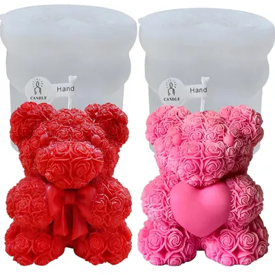 Image de Lot de 2 moules en silicone 3D en forme d'ourson rose, cadeau pour la Saint-Valentin ou un anniversaire, cadeau pour la fête des Mères, moules à savon DIY, décoration de gâteaux (S+S)