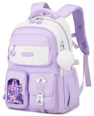 Immagine prodotto di Zaino per bambine con pompon, passante per valigetta, elementi riflettenti, idrorepellente, color lilla
