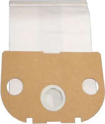 A vacuum cleaner bag with a cardboard top and paper bag.