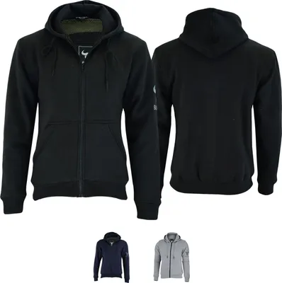 Vorder- und Rückansicht – Herren-Motorrad-Hoodie in Grau mit Protektoren an Armen, Schultern, Brust und Rücken. Vollständig mit Aramidfasern beschichtet für maximale Sicherheit, Strapazierfähigkeit und zuverlässigen Schutz beim Fahren.
