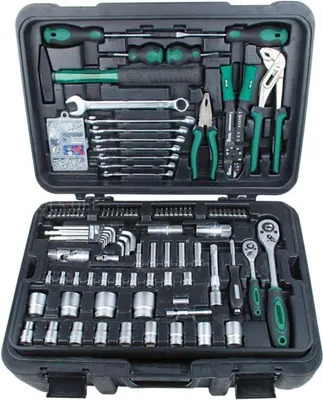 A black tool case filled with various tools.