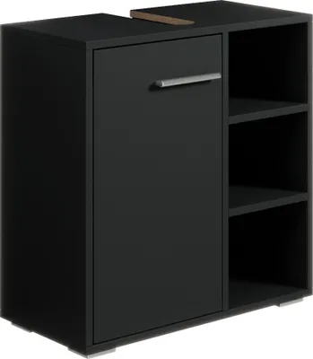 A black bathroom vanity cabinet with a single door and open shelving.