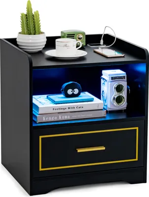 Produktbild von COSTWAY Nachttisch mit LED, USB-Anschluss, Typ-C-Ladestation, Bewegungssensor, schwarz