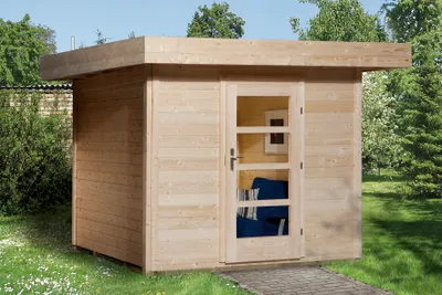 Produktbild von WEKA 172.2424.00.00 Gartenhaus/Blockbohlenhaus Lounge 1 /Einzeltür ; Größe: 1 ; Farbgebung: Naturbelassen ; Wandstärke: 28 mm ; Maße (LxBxH): 290 cm x 235 cm x 226 cm ; Seitenwandhöhe: 217 cm
