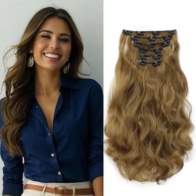 Immagine prodotto di Estensioni per capelli a clip, 48 cm, onde, biondo chiaro, 6 pezzi, in fibra sintetica