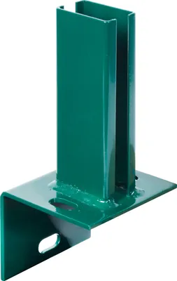Produktbild von Alberts Pfostenträger für Zaunpfosten auf L-Randsteinen | zum Aufschrauben | feuerverzinkt, grün kunststoffbeschichtet RAL 6005 | Platte 94 x 100 mm | für Pfosten 60 x 40 mm