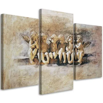 Obrázek produktu pro Triptych na plátně 6 andělů 120x80 cm Feeby béžová nástěnná malba připravená k zavěšení