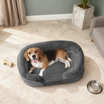 Produktbild von Hundebett, Hundekissen, wasserdichte Innenschicht, erhöhte Ränder, abnehmbarer, waschbarer Bezug, schiefergrau