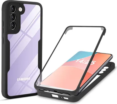 A phone case is shown in two parts, one assembled and one disassembled, with a phone inside the disassembled part.