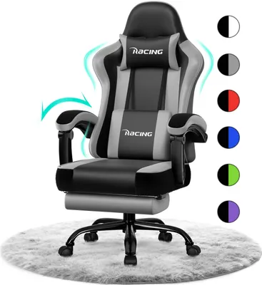 A gaming chair is shown on a fluffy rug, with color options displayed on the side.