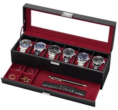 Immagine prodotto di Scatola per orologi con coperchio in vetro e imbottiture estraibili, adatta per 6 orologi