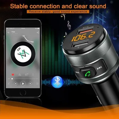 Immagine prodotto di Adattatore radio FM Bluetooth con 2 porte USB, caricabatterie e supporto per chiavetta USB, Bluetooth 5.3, trasmettitore FM, kit per auto con funzione vivavoce