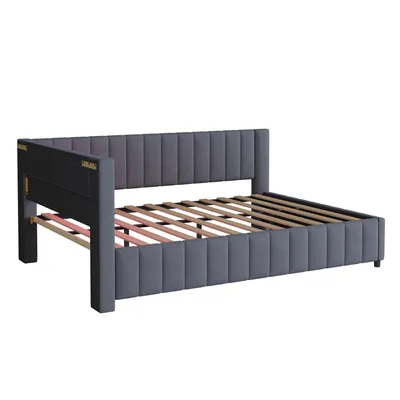 Produktbild von Merax Schlafsofa Tagesbett 140x200cm, L-förmig, Polsterbett mit Samtstoff, USB und LED-Licht, Gästebett Kopfteil und stabilem Bettrahmen, Grau