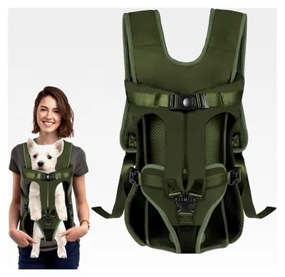 Produktbild von Hunde Trage-Rucksack vorne, weiche Polsterung, für kleine und mittelgroße Hunde mit Beinen draußen, verstellbar, freihändiger Träger für Radfahren und Wandern (Army Grün, S)