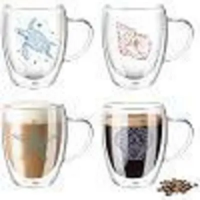 Productafbeelding van Set van 4 dubbelwandige glazen koffiekannen van 350 ml met handvat, met een zeemotief