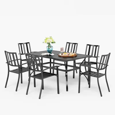 Image de Ensemble de mobilier de jardin pour 6 personnes, résistant aux intempéries, comprenant des chaises empilables en métal et une table de 152x96x72 cm