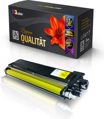 A yellow toner cartridge and its packaging are displayed against a white background.