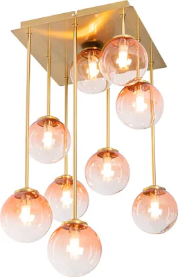 Produktbild von QAZQA - Art Deco Art-Deco-Deckenlampe Gold I Messing mit rosa Glas 9 Lichter - Athen I Wohnzimmer I Schlafzimmer - Stahl Quadratisch - LED geeignet G9