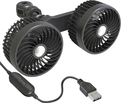 Produktbild von Kfz Lüfter Doppelkopf, USB & 12V/24V, geräuscharm, 3 Stufen Windgeschwindigkeit, starker Luftkühlung, drehbar