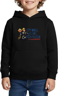 Produktbild von Spreadshirt Feuerwehrmann Sam™ Strong, Brave, Fearless Kinder Premium Hoodie, 110/116 (4 Jahre), Schwarz