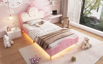 Produktbild von okwish Kinderbett Plattformbett 90×200 mit Lattenrost und  LED-Streifen, Polsterbett Jugendbett  Funktionelles Einzelbett mit  Kopfteil mit Krone, Rosa+Weiß(mit Matratze)