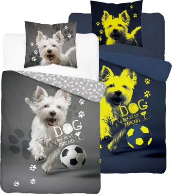 Two bedding sets featuring West Highland White Terriers and soccer balls, one in gray and one in dark blue with yellow accents.