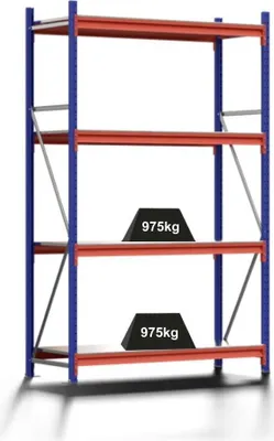 Produktbild von Weitspannregal MOOSE Stecksystem Omega-Profil | Grundregal | HxBxT 250x150x60cm | 4 Ebenen | Stahlplatten-Fachboden | Fachlast 975kg | Enzianblau/Reinorange