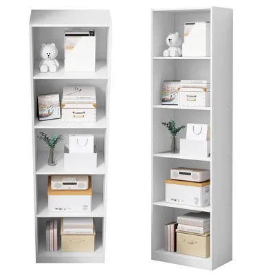 Two white bookshelves are shown side-by-side, filled with various decorative items and boxes.