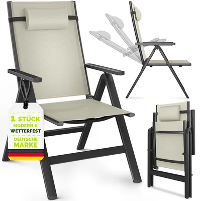 Image de Chaise de jardin Tillvex Premium, 1 pièce, beige, pliable, en aluminium | Dossier haut avec accoudoirs | Chaise pliante réglable | Fauteuil pliant pour balcon, jardin ou terrasse